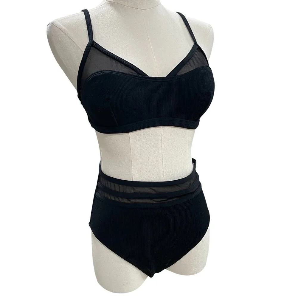 Cupshe Black Mesh Bikini Set High Waist Swimwear Cruise Chic Minimalist Resort S